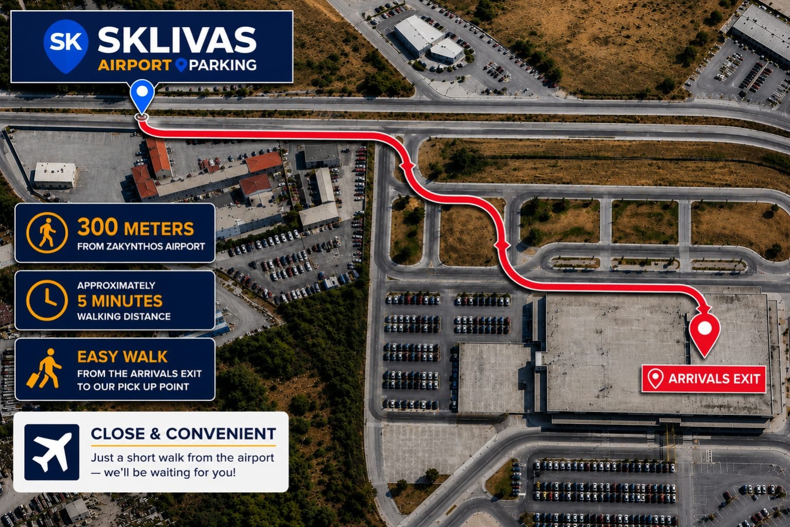 Walking directions from Zakynthos Airport Arrivals Exit to Sklivas Airport Parking, approximately 300 metres and 5 minutes on foot.